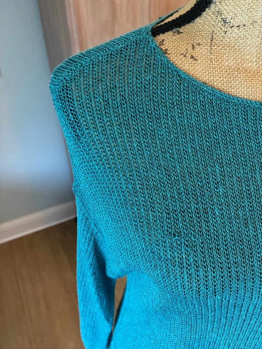 J. Jill Linen Blend Tunic Sweater Aqua Blue Open Knit Beachy Artsy M